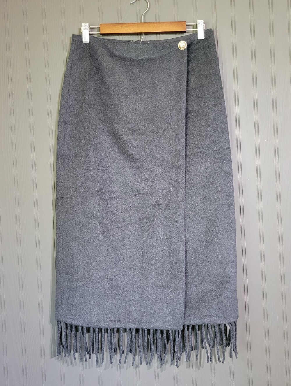 Ann Taylor Waist Wrap Midi Skirt Wool Fringe Detail Button Gray Women's 6